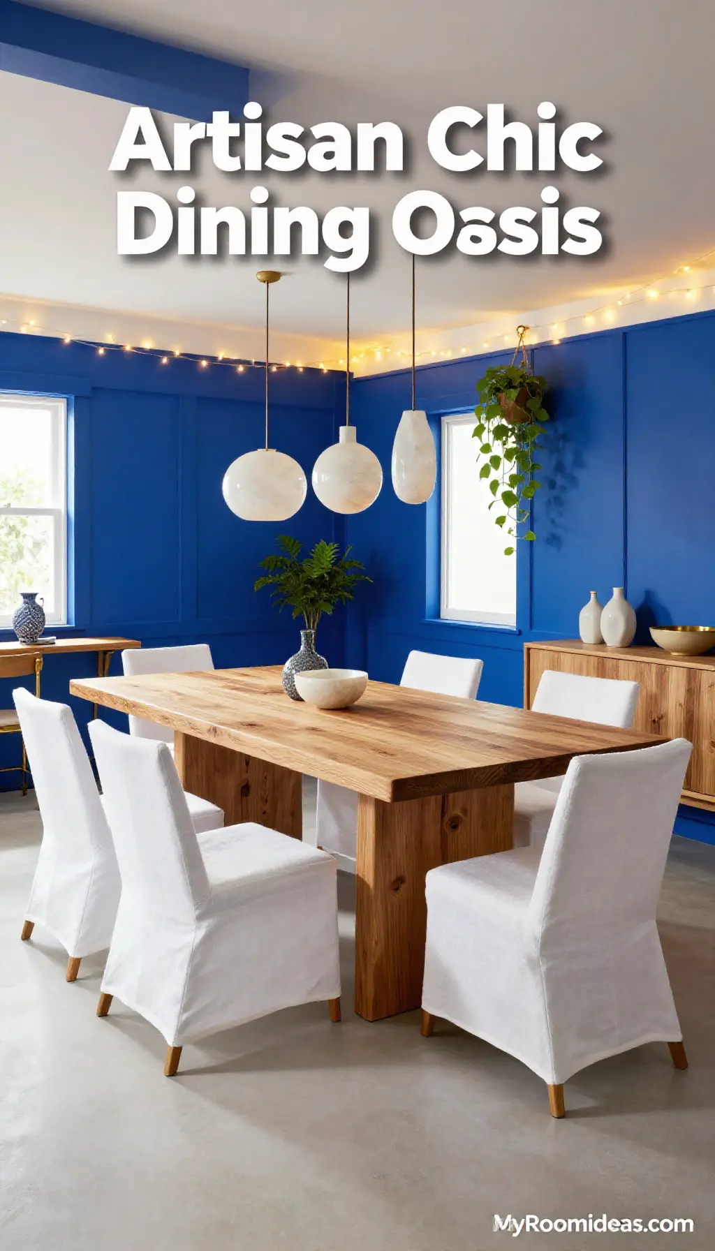 Artisan Chic Basement Dining Oasis with Cobalt Blue & Teak Accents