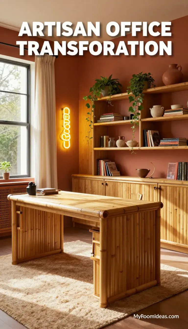 Artisan Craftsman Home Office Transformation with Bamboo & Neon Accents