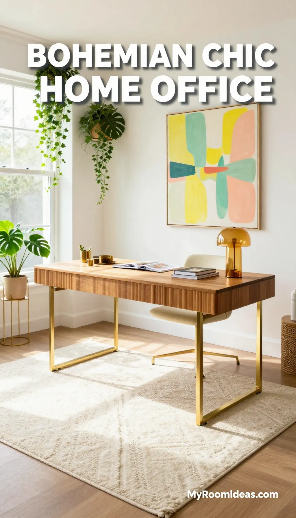 Bohemian Chic Condo Home Office: Fluted Wood Desk, Brass Accents & Abstract Art