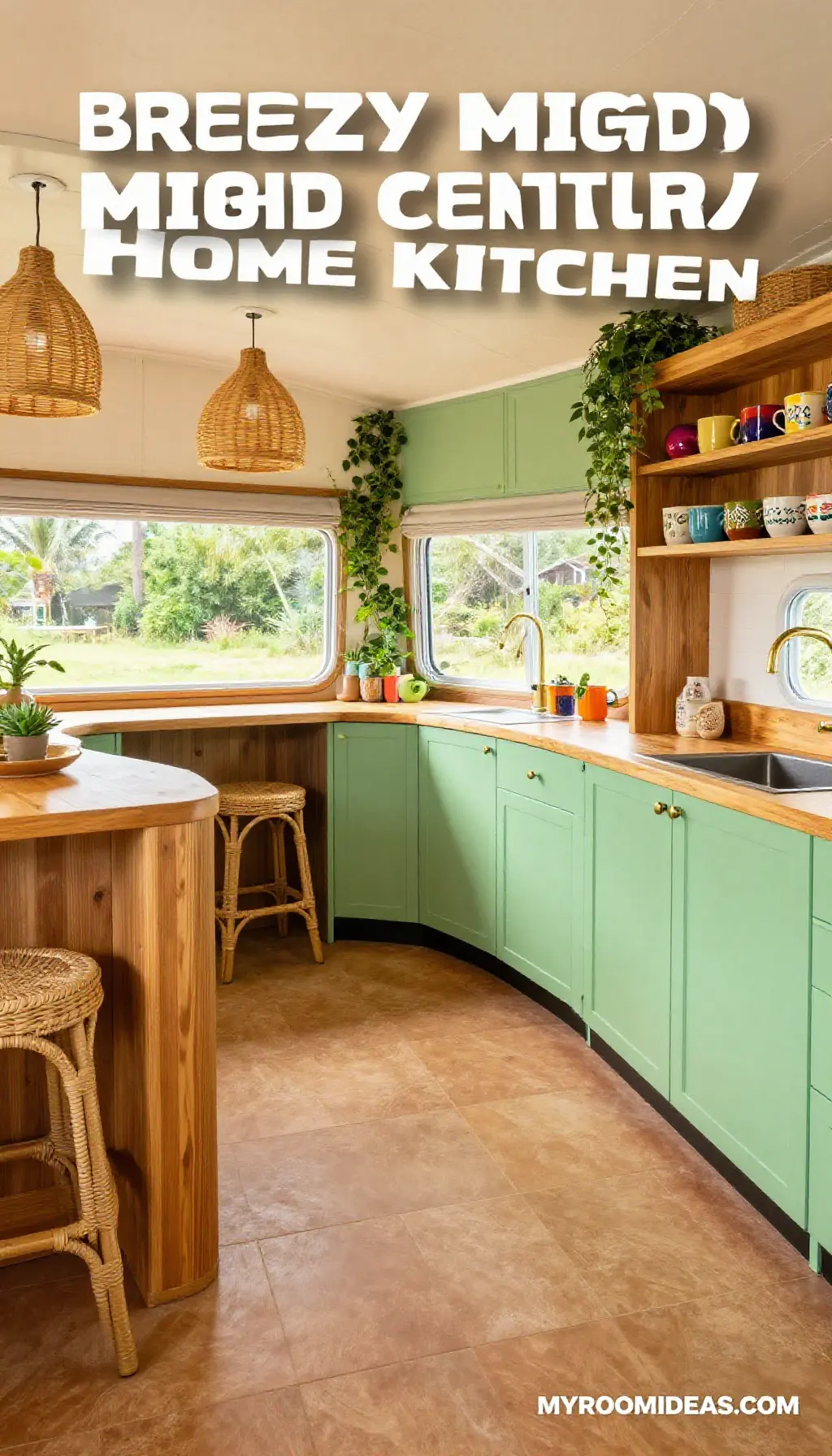 Breezy Mid-Century Mobile Home Kitchen Makeover with Pistachio & Oak Accents