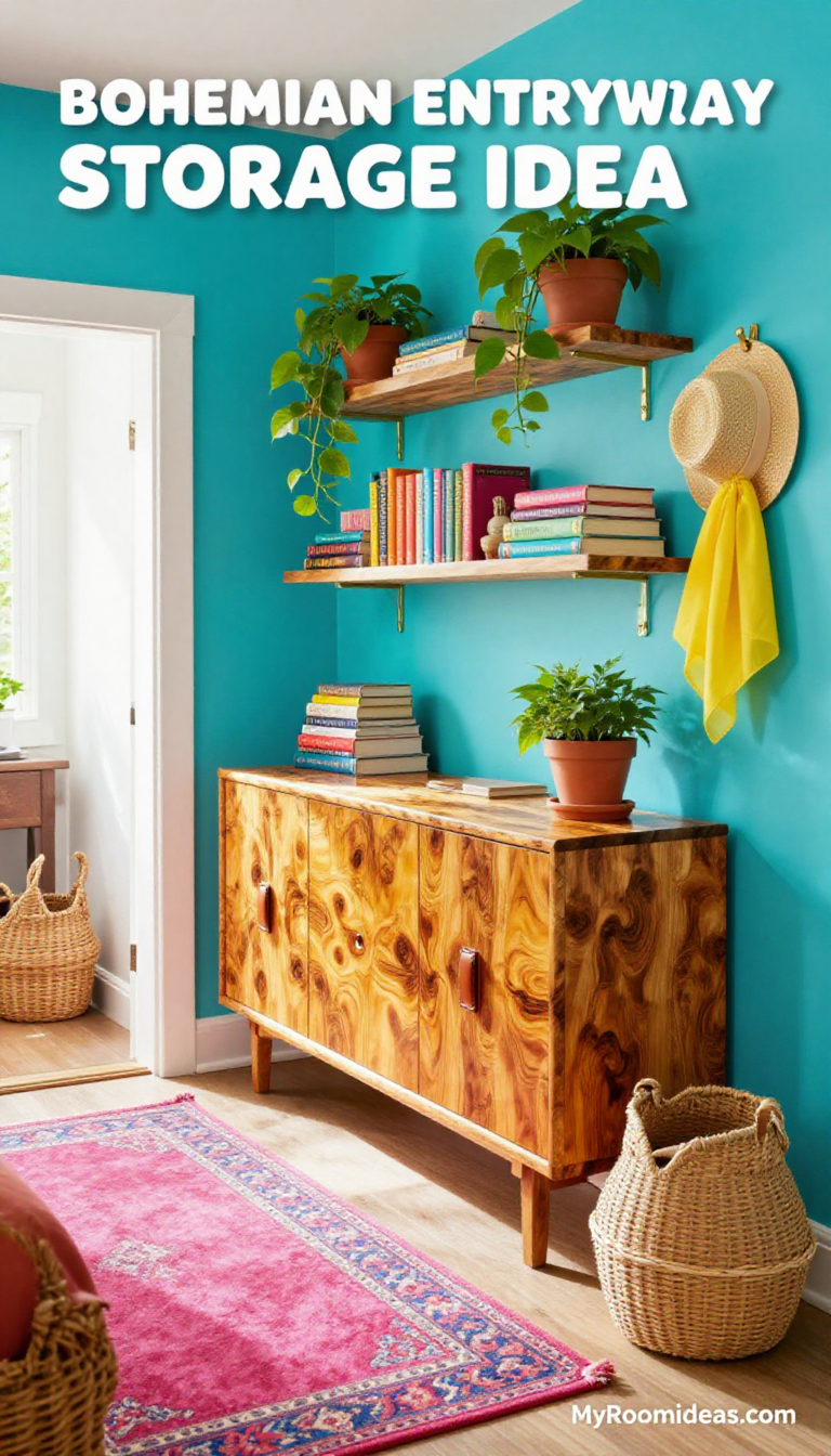 Charming Boho Entryway Storage Solution with Burl Wood and Vintage Books
