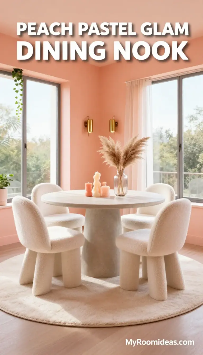 Compact Dining Nook Transformed with Peach Pastel Glam and Sculptural Candles