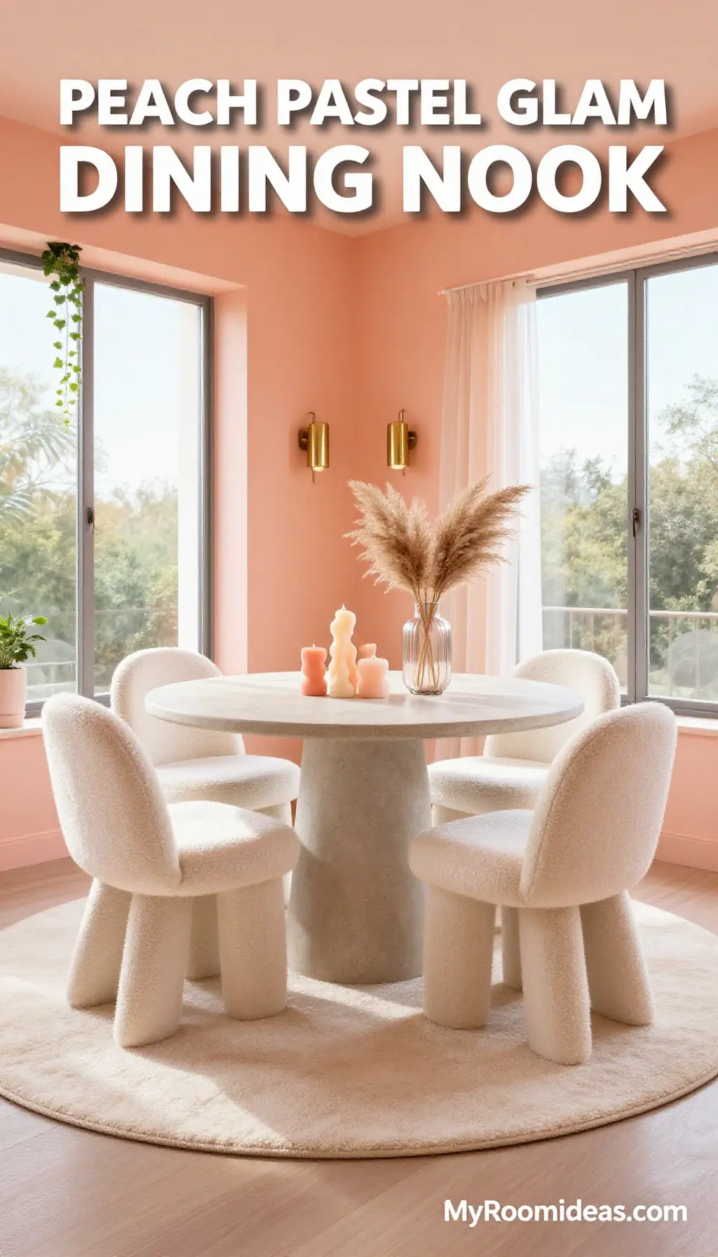 Compact Dining Nook Transformed with Peach Pastel Glam and Sculptural Candles