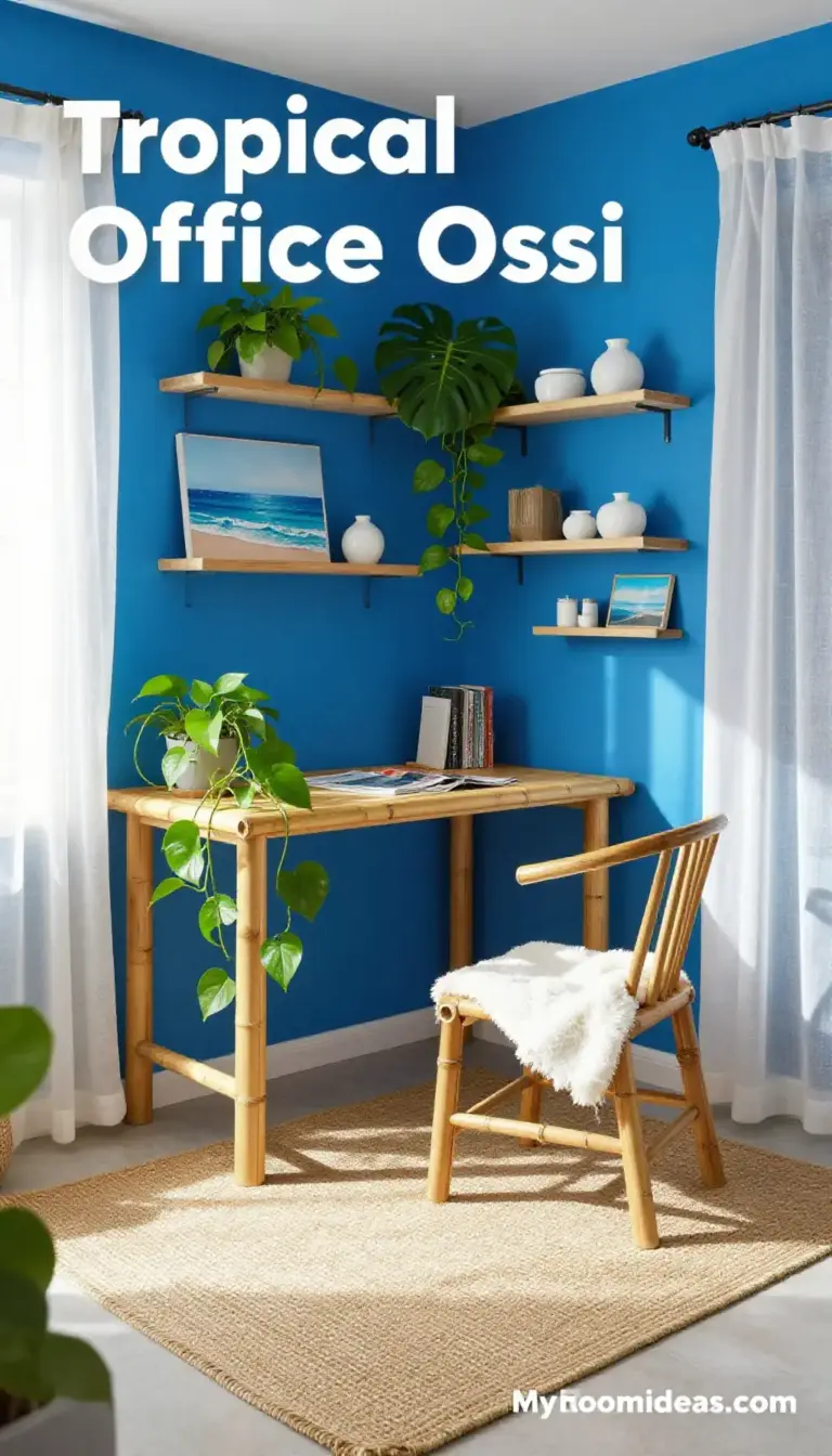 Compact Tropical Home Office Oasis - Santorini Blues & Breezy Bamboo