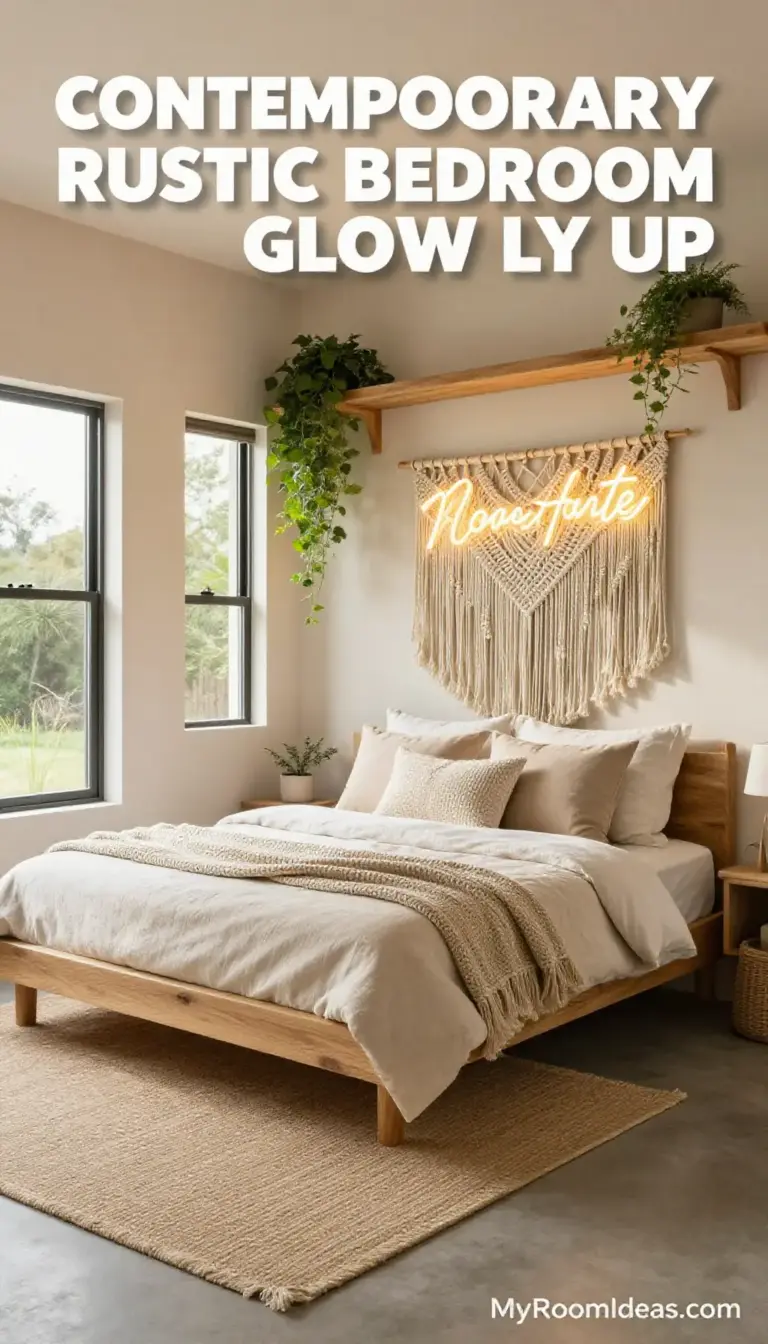 Contemporary Rustic Bungalow Bedroom Glow Up with Macramé & Neon