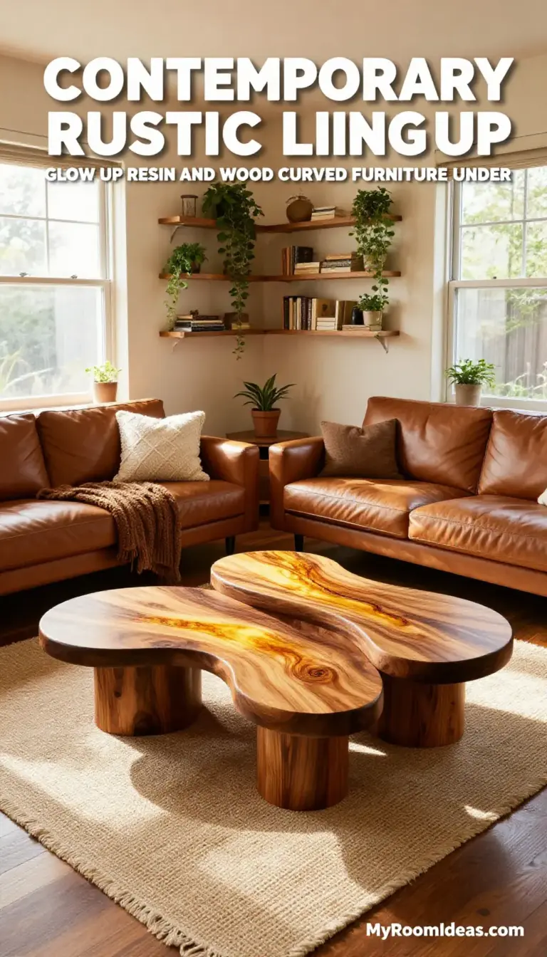 Contemporary Rustic Living Room Glow Up: Resin & Wood Curved Furniture Under $100