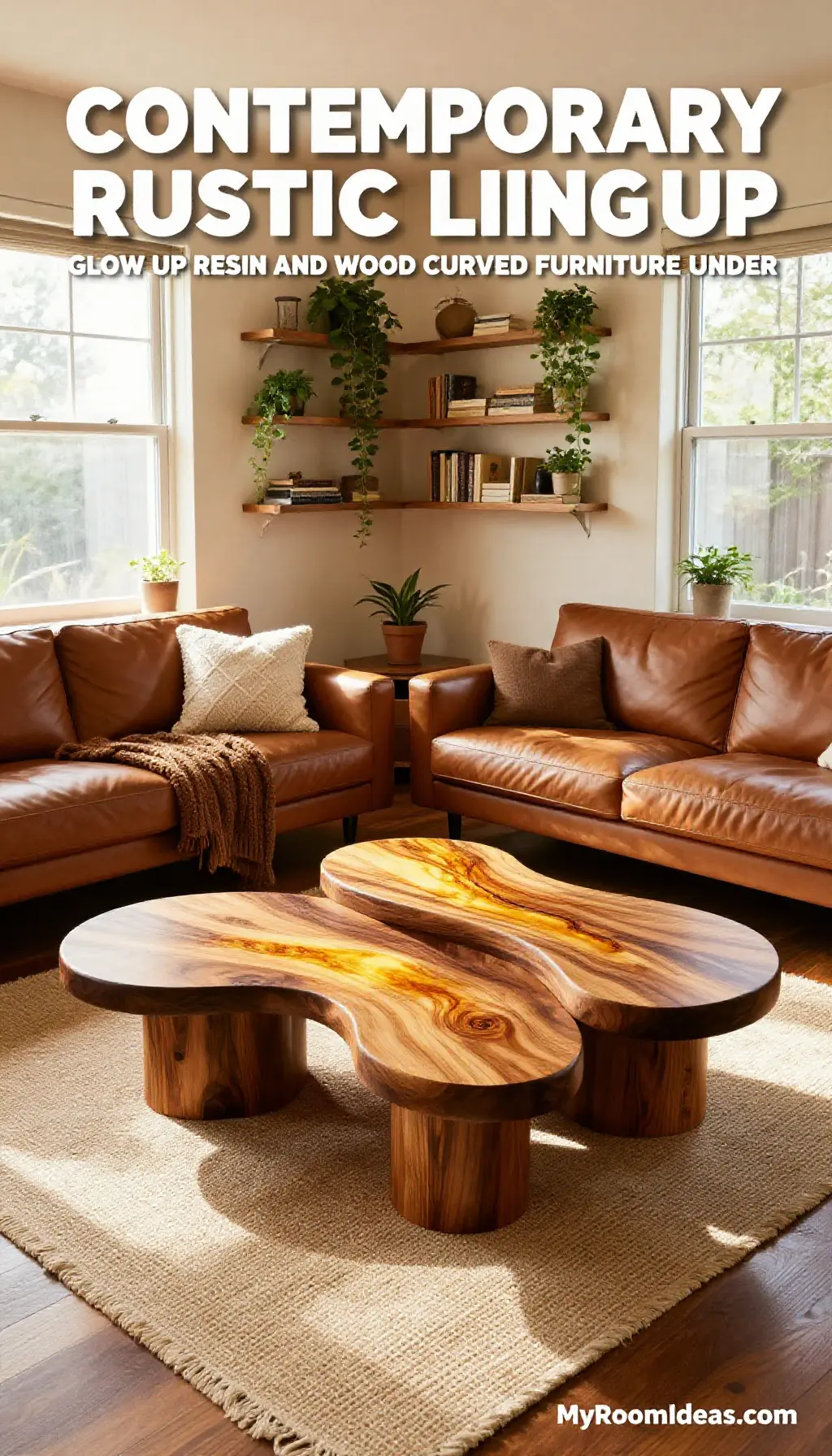 Contemporary Rustic Living Room Glow Up: Resin & Wood Curved Furniture Under $100