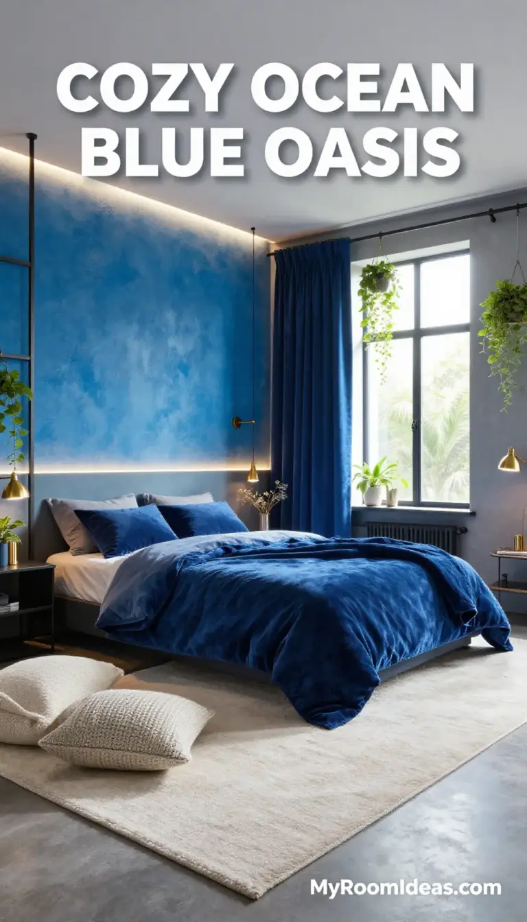 Cozy Apartment Oasis: Soft Industrial Bedroom in Soothing Ocean Blues