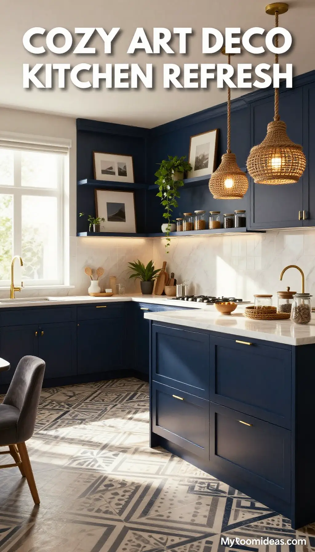 Cozy Art Deco Kitchen Refresh With Dark Navy Rope & Canvas Accents