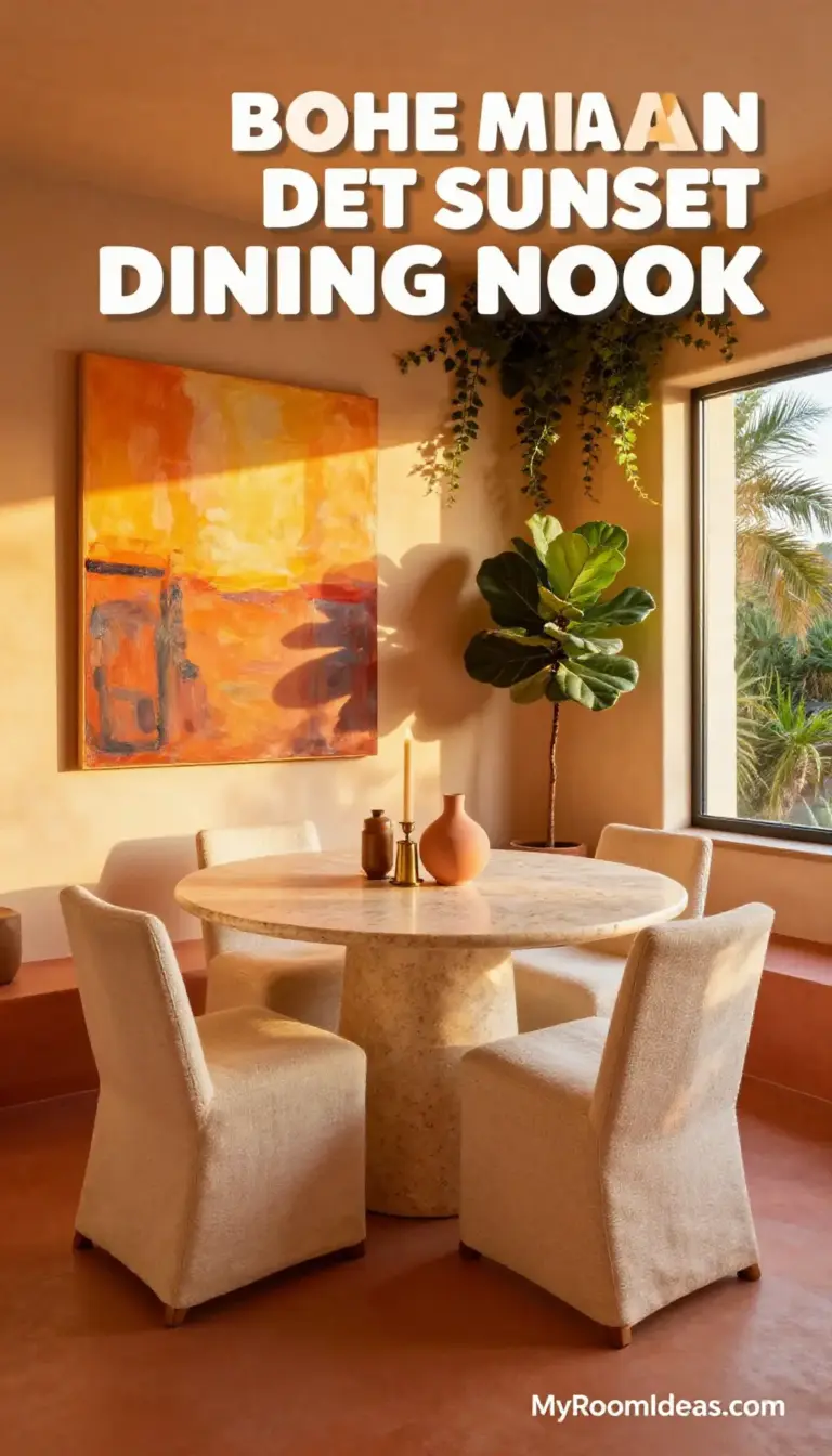Cozy Bohemian Bungalow Dining Nook - Travertine Table, Linen Chairs & Abstract Art