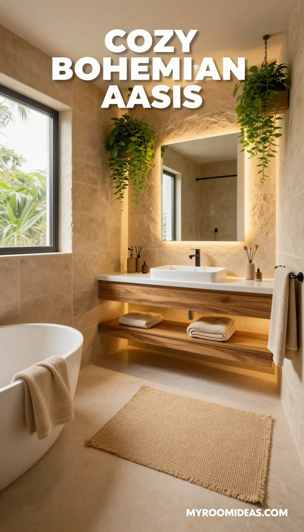 Cozy Bohemian Oasis: Compact Condo Bathroom Renovation in Soothing Sand Tones