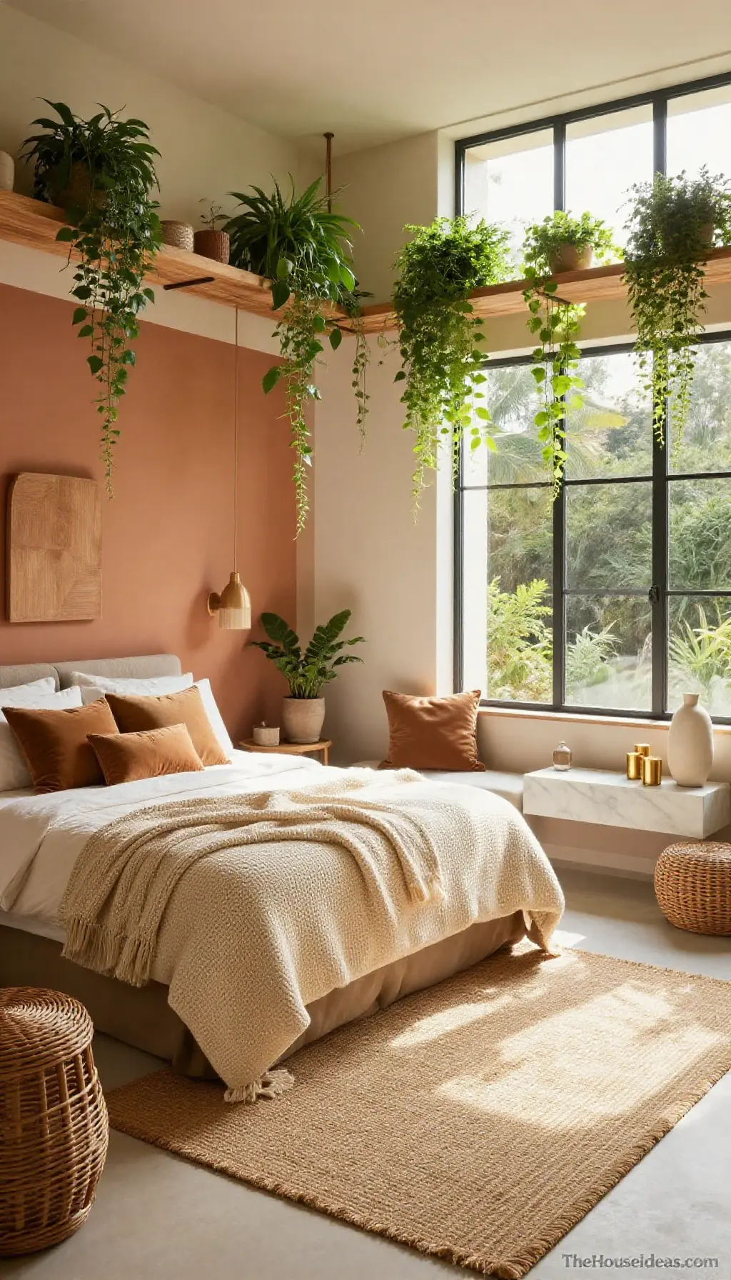 Bedroom interior design with soft neutrals and rattan