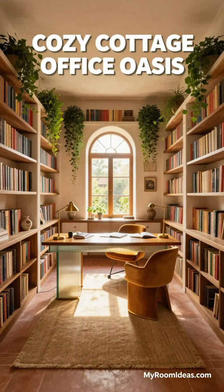 Cozy Cottage Home Office Oasis: Ribbed Glass, Wood & Vintage Books
