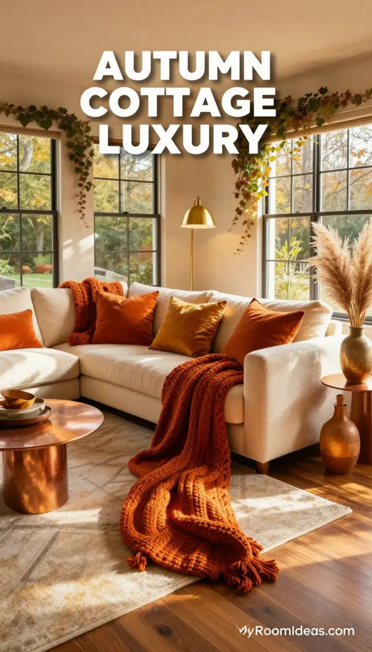 Cozy Cottage Living Room in Warm Autumn Hues with Luxe Chenille & Brass Accents