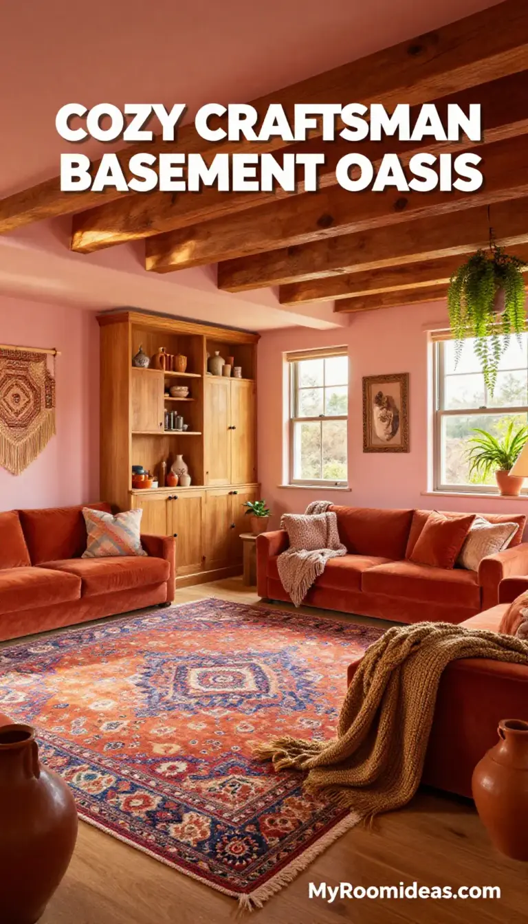 Cozy Craftsman Basement Oasis with Sunset Palette & Vintage Rugs