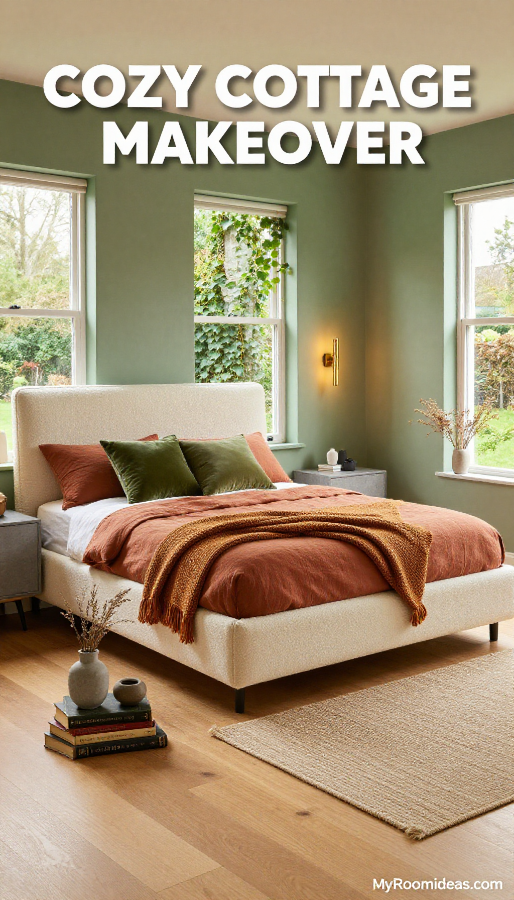 Cozy English Cottage Bedroom Makeover With Concrete & Bouclé Accents