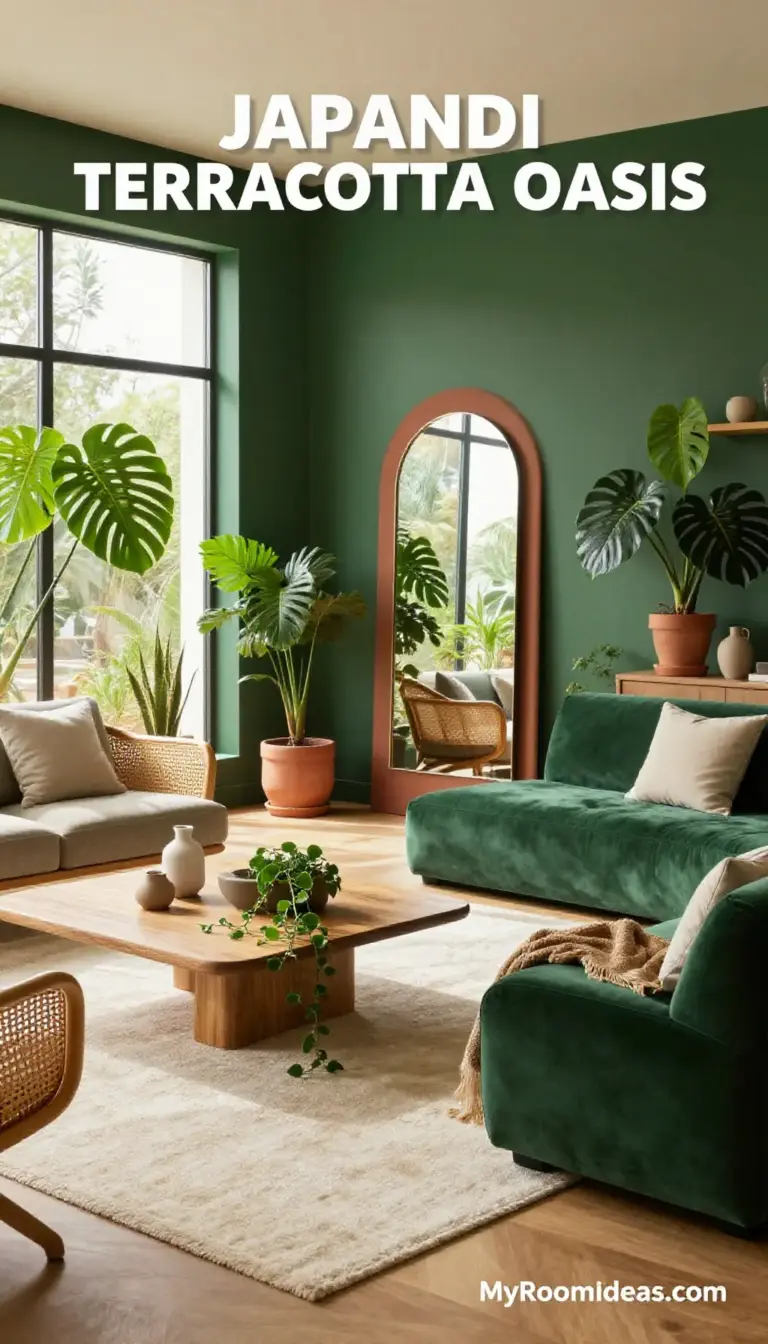 Cozy Japandi Living Room Oasis with Terracotta Accents & Arched Mirrors