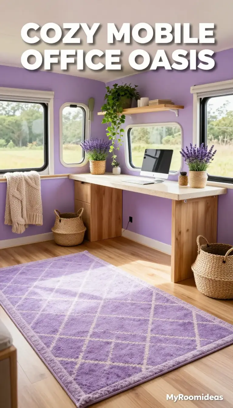 Cozy Mobile Home Office Oasis with Lavender Accents & Handwoven Decor