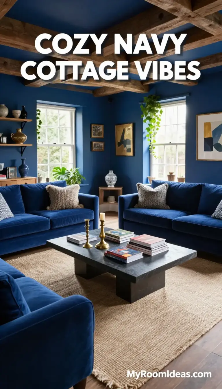 Cozy Navy English Cottage Living Room with Jute & Soapstone Accents