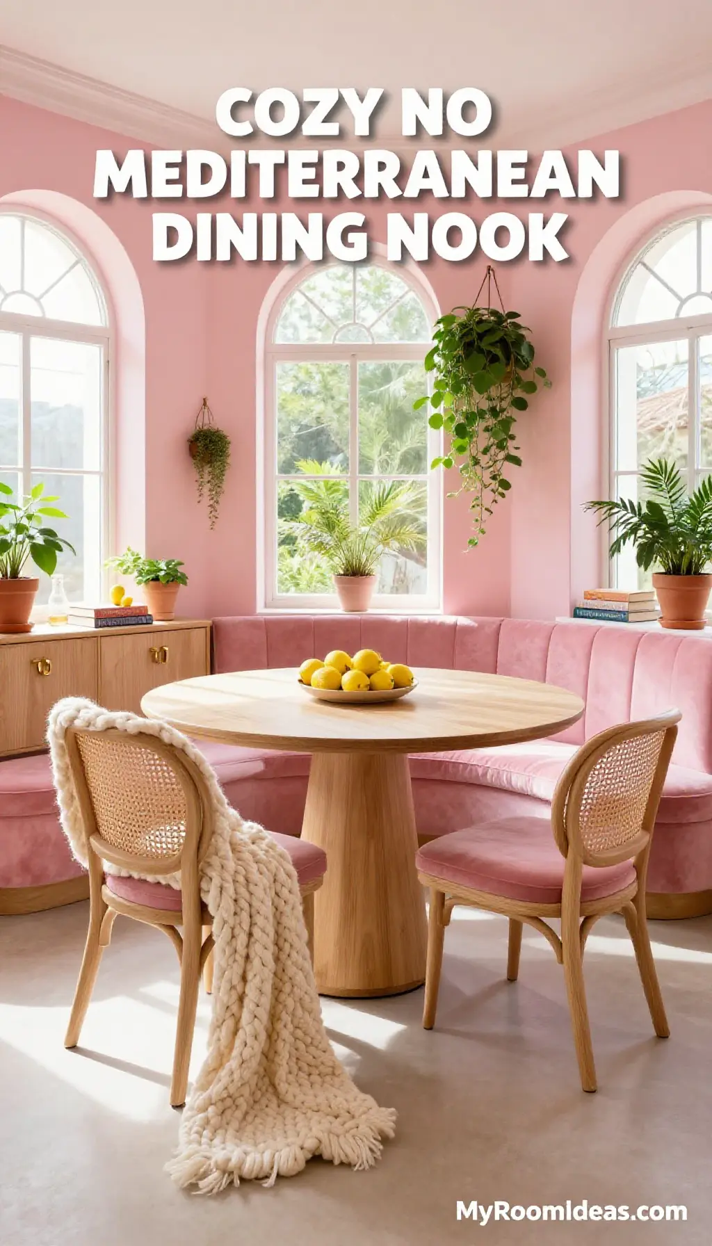 Cozy Neo-Mediterranean Dining Nook with Cane, Velvet & Chunky Knits