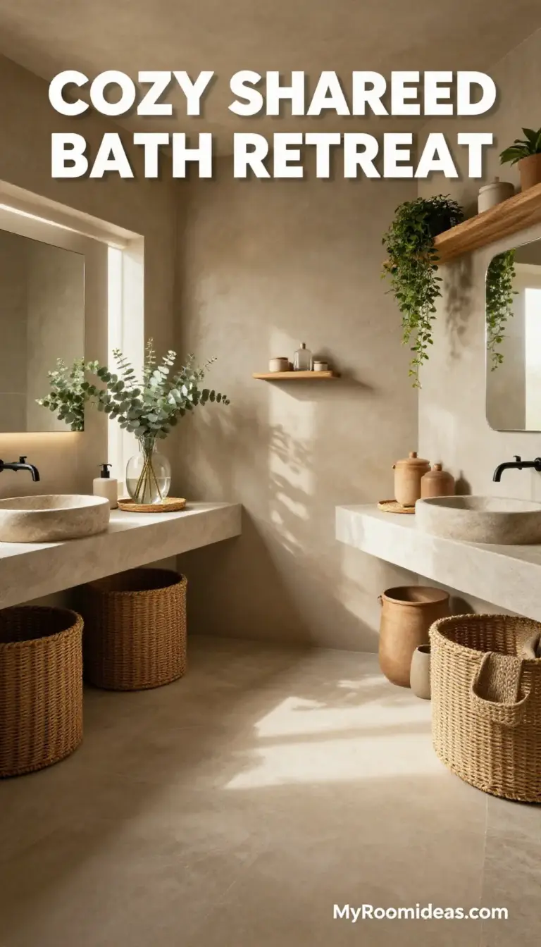 Cozy Shared Bath Retreat with Warm Greige Accents & Rattan Flair
