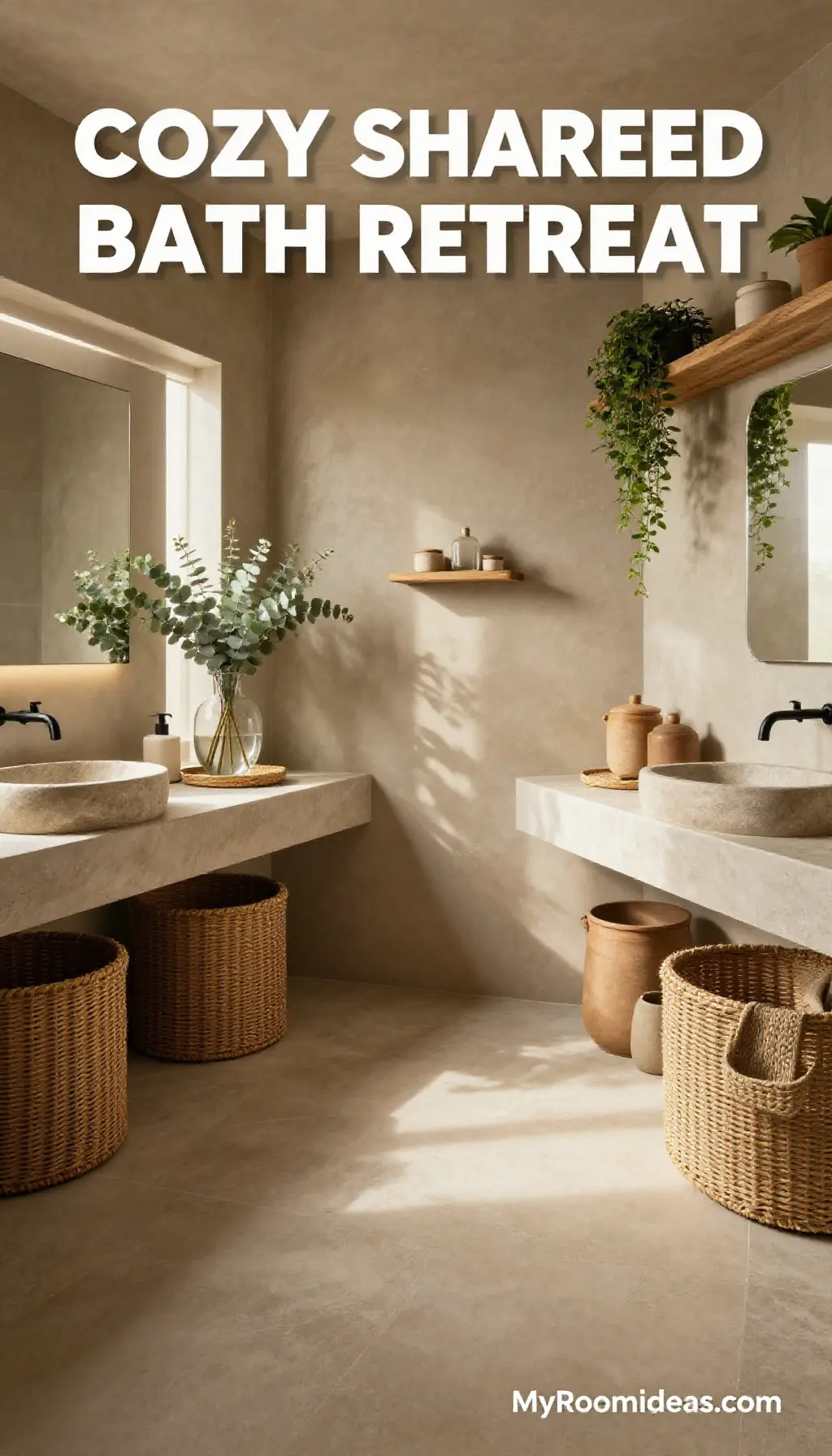 Cozy Shared Bath Retreat with Warm Greige Accents & Rattan Flair
