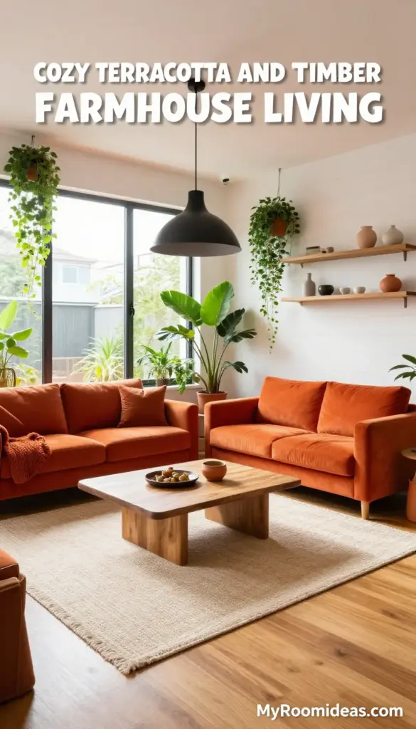 Tiny Apartment Living Room Decor: Cozy Terracotta & Timber Modern Farmhouse Style Under $500