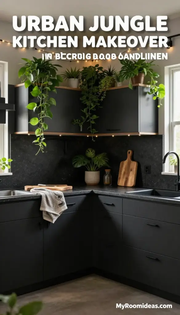 Cozy Urban Jungle Kitchen Makeover on a Budget – Black Travertine & Linen
