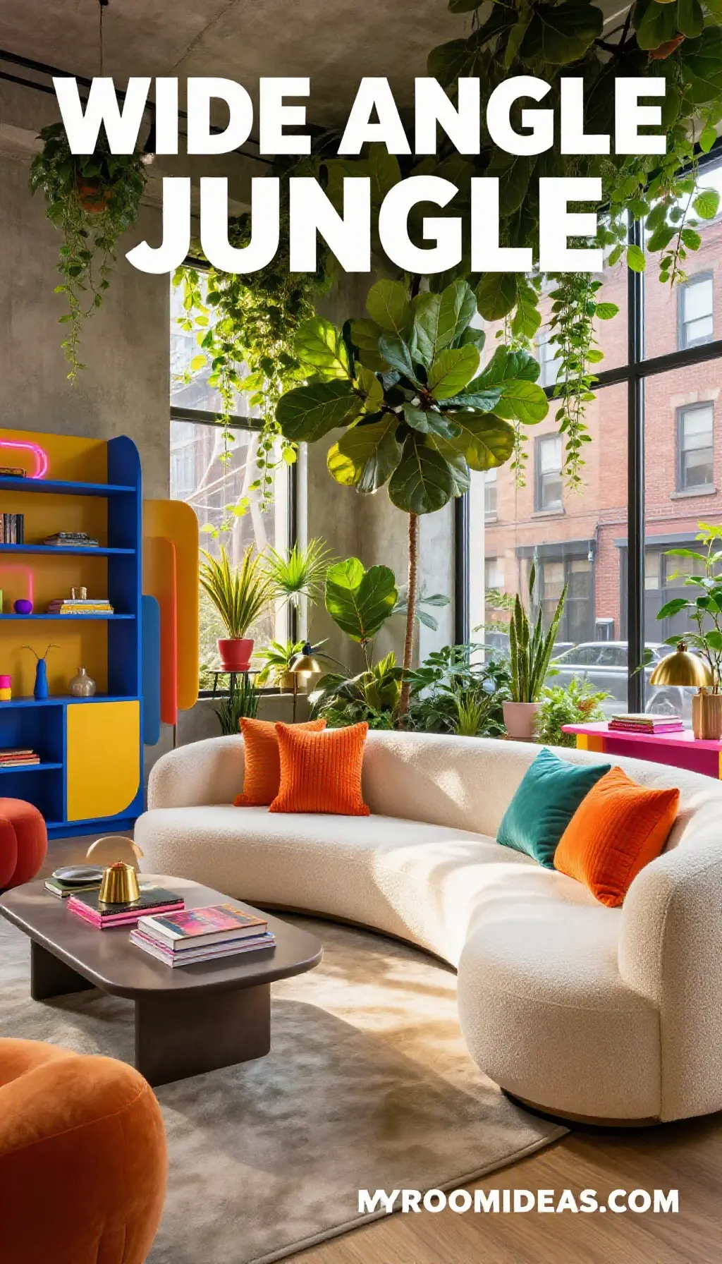 Cozy Urban Jungle Townhouse Living Room with Dopamine Brights & Ribbed Cushions