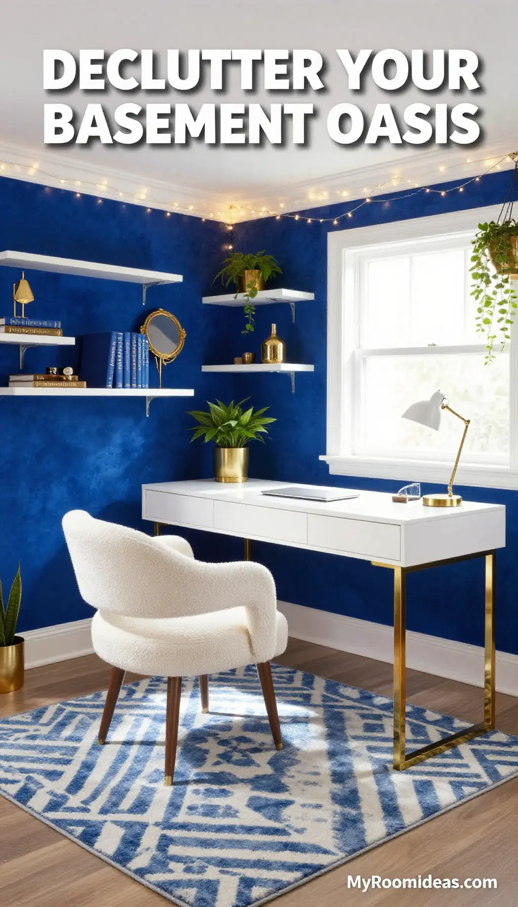 Declutter Your Basement Oasis: Hollywood Regency Home Office with Bouclé & Brass