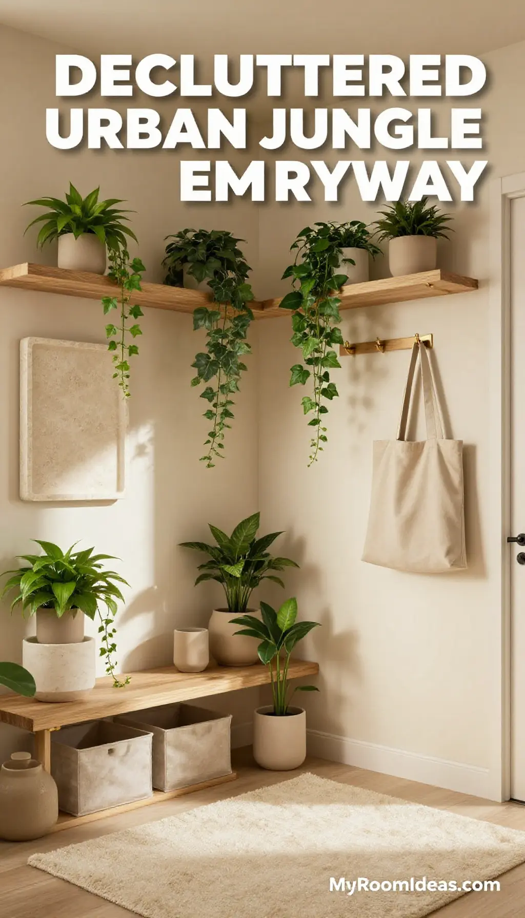 Decluttered Urban Jungle Entryway in Monochrome Beige with Floating Shelves