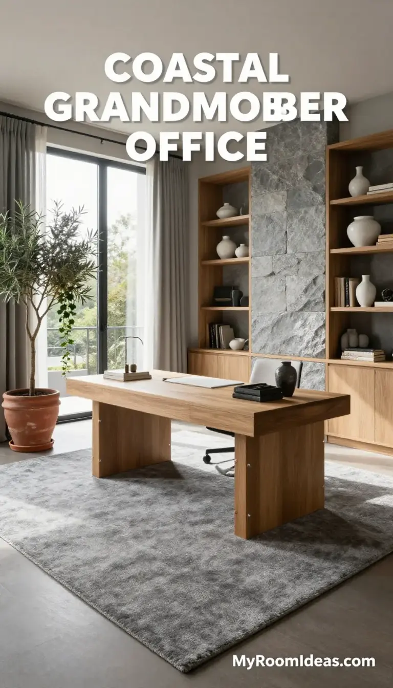 Dreamy Coastal Grandmother Home Office with Limestone & Oak Accents