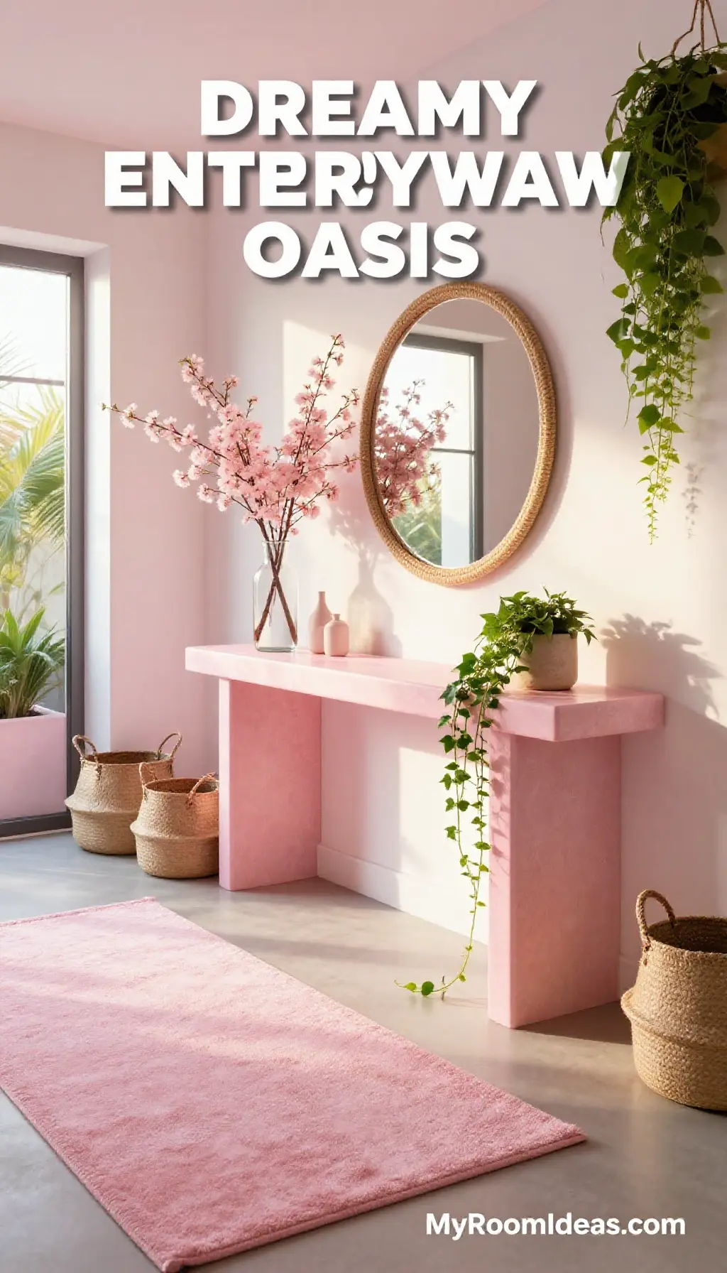 Dreamy Entryway Oasis: Pastel Pink Soapstone Console & Jute Accents