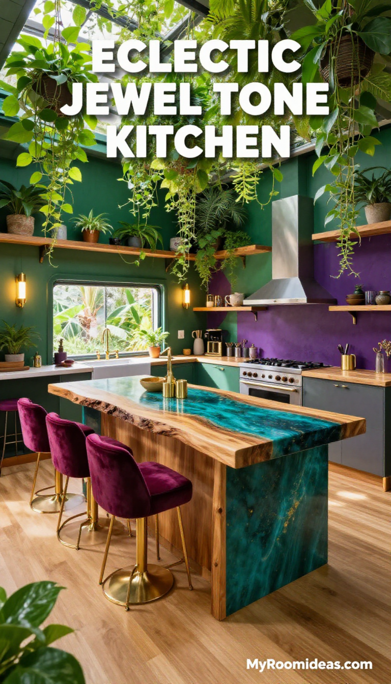 Eclectic Mobile Home Kitchen with Jewel Tone Resin & Wood Accents