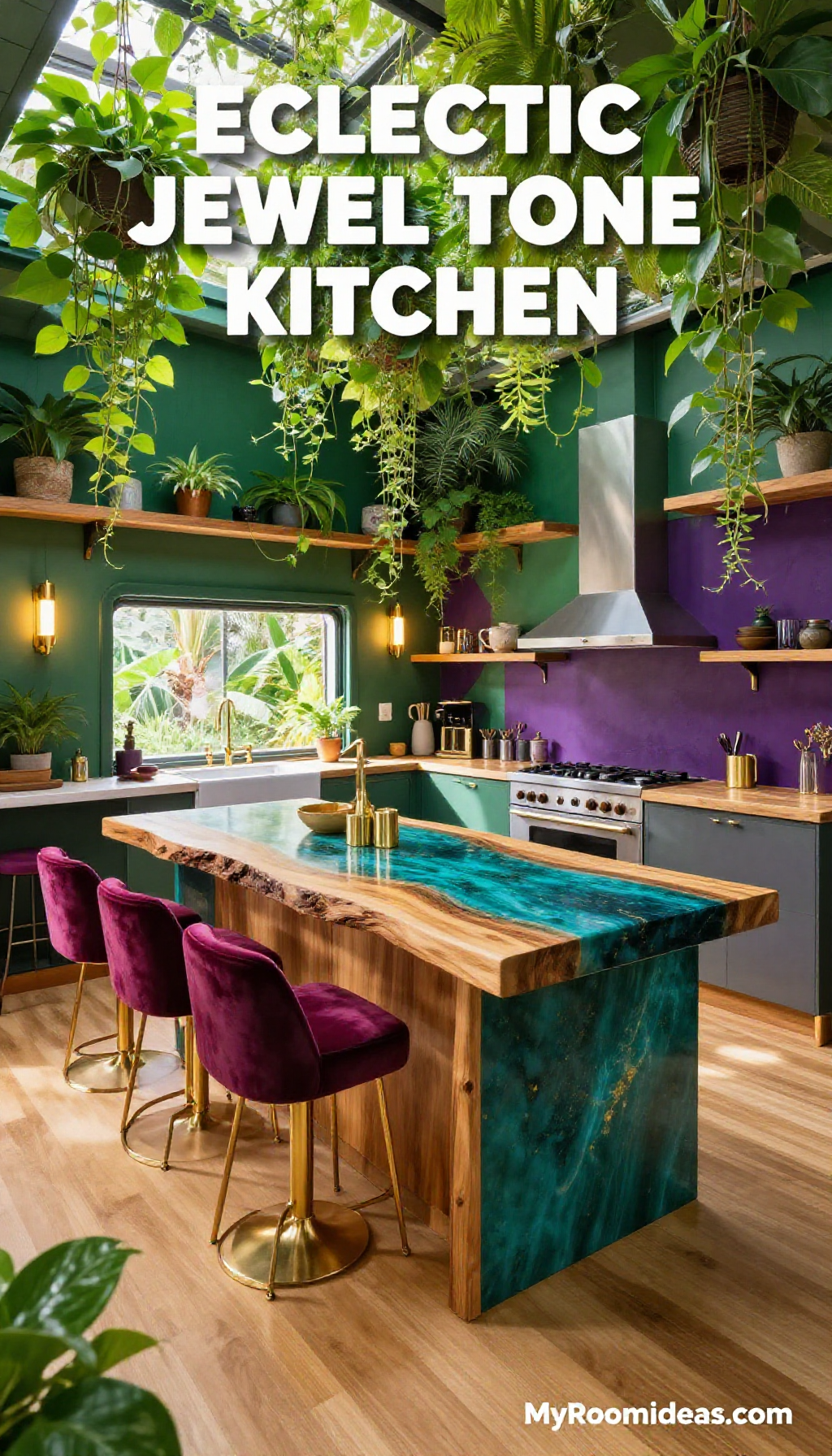 Eclectic Mobile Home Kitchen with Jewel Tone Resin & Wood Accents