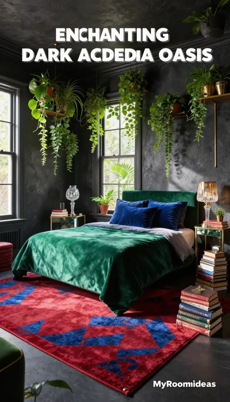 Enchanting Dark Academia Oasis: Moody Plaster Walls & Trailing Plants