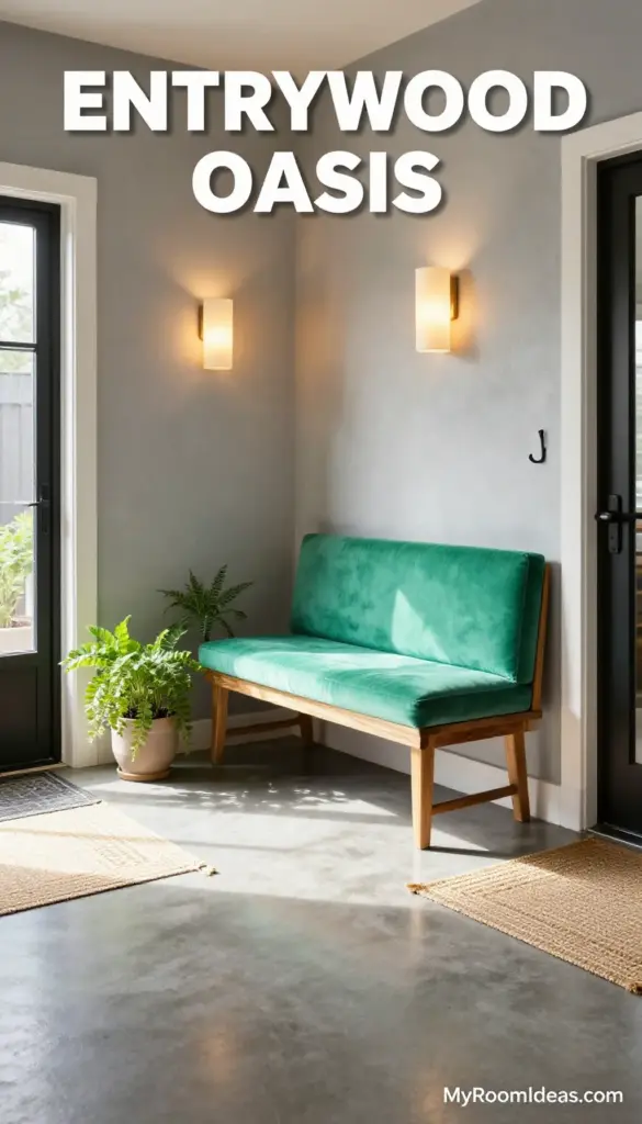 Entryway Oasis: Chic Seafoam Teak Bench with Alabaster Wall Sconces