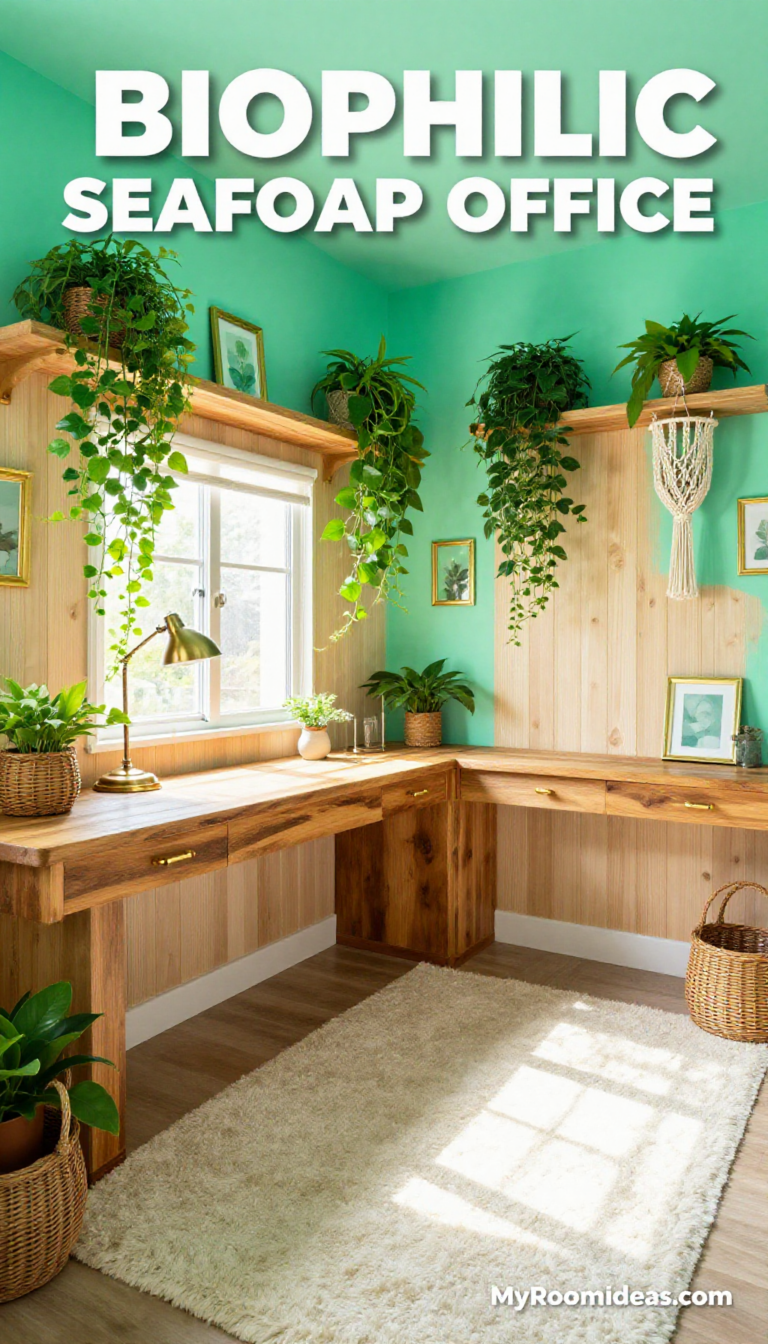 Galley Home Office Oasis: Biophilic Seafoam & Natural Thrifted Workspace