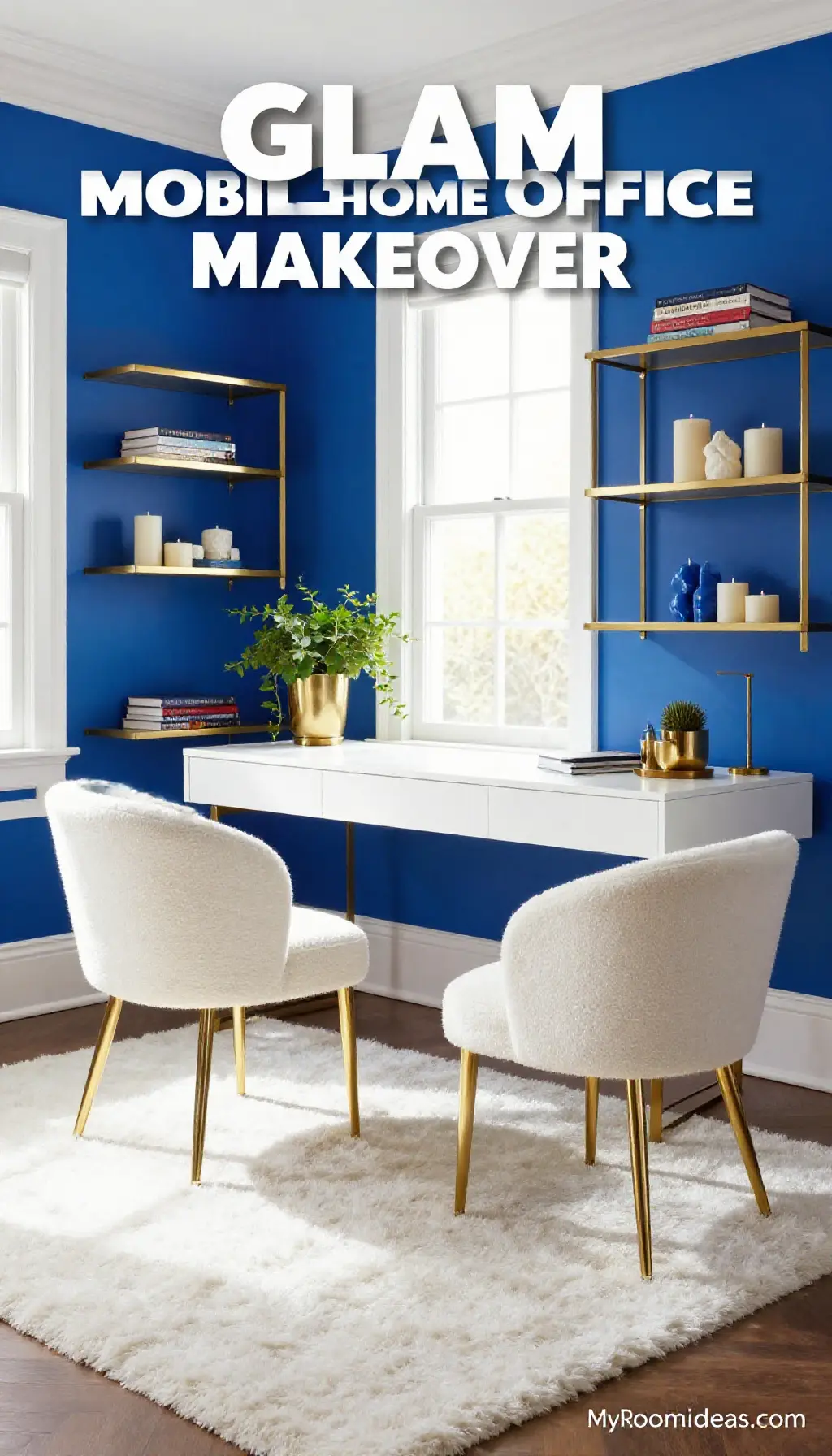 Glam Mobile Home Office Makeover: Bouclé Chairs, Brass Accents, and Sculptural Candles