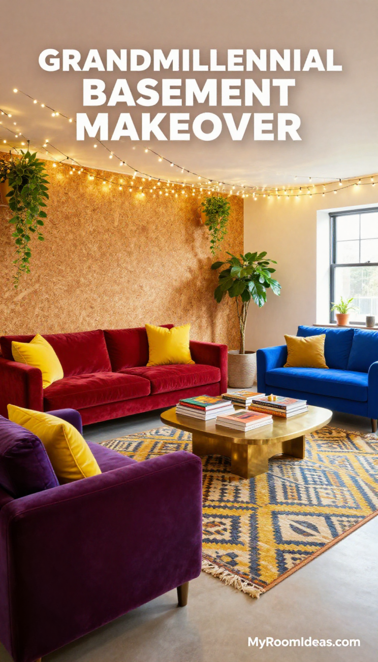 Grandmillennial Basement Oasis: Cork Accent Wall & Linen Fairy Lights Transformation
