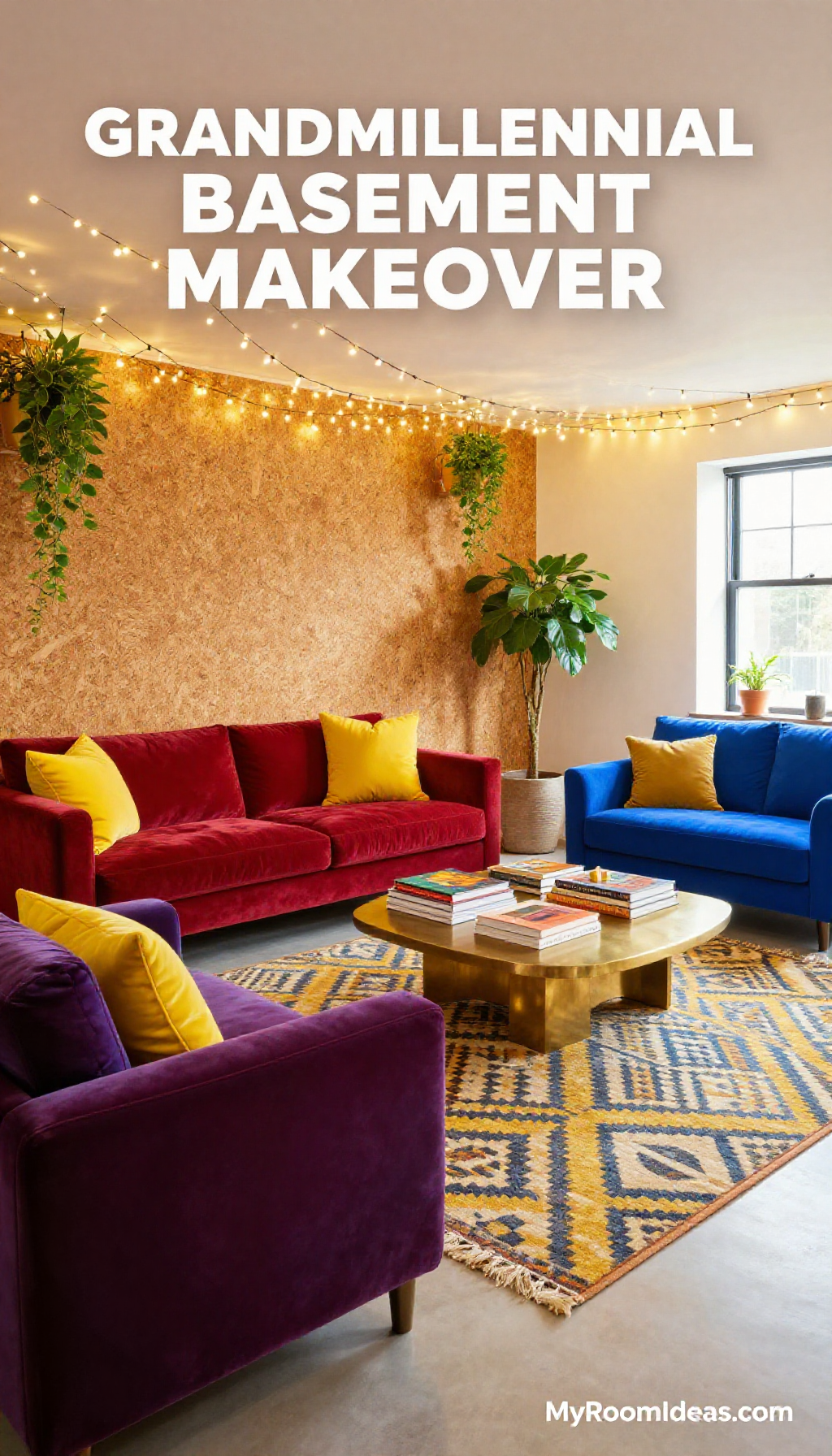 Grandmillennial Basement Oasis: Cork Accent Wall & Linen Fairy Lights Transformation