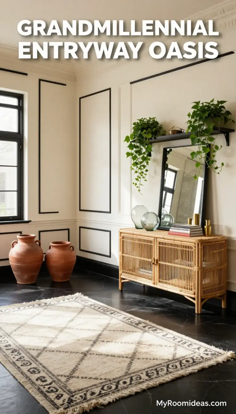 Grandmillennial Entryway Oasis in a Large Apartment - Rattan & Earthenware Accents