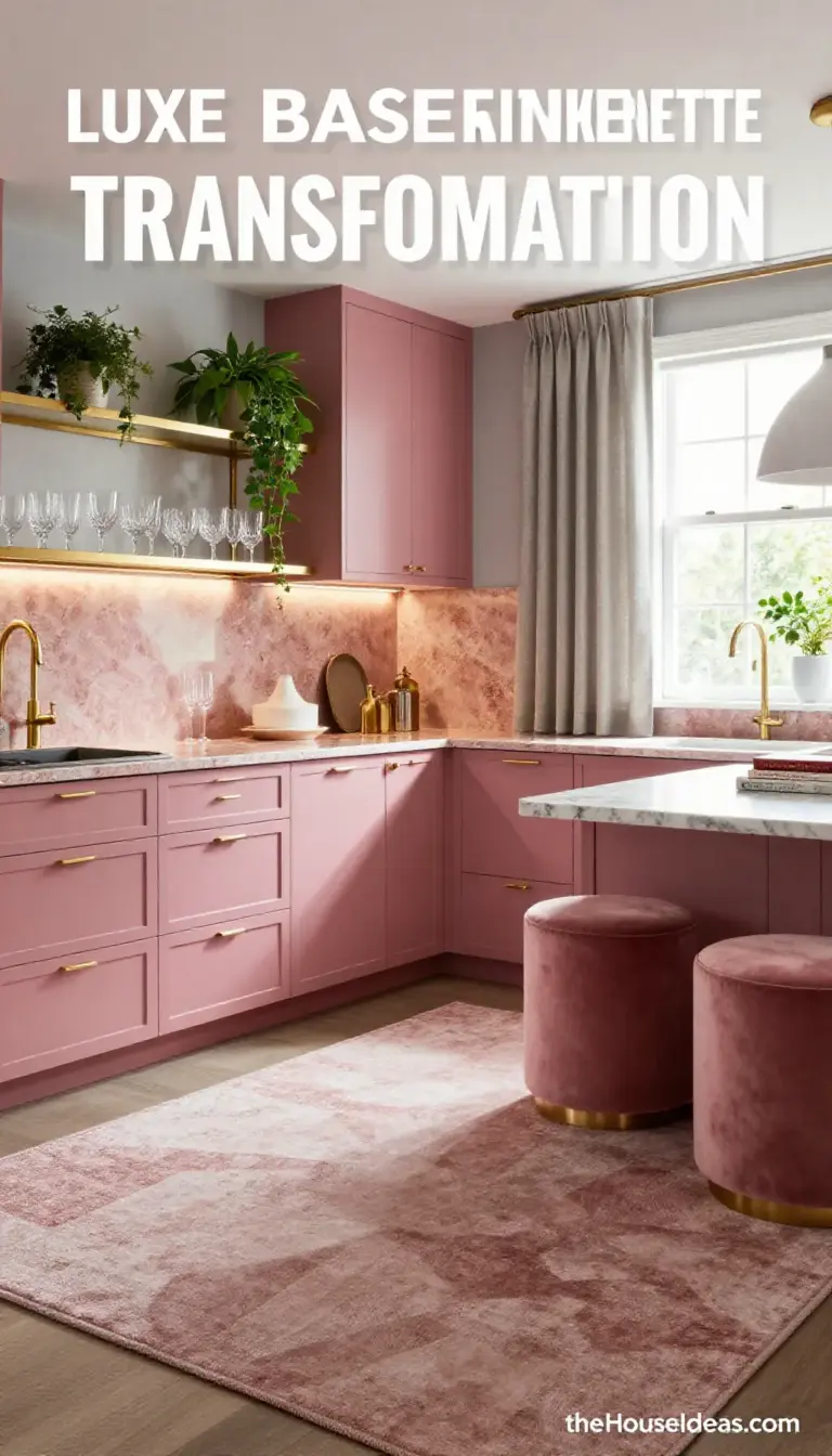 Luxe Basement Kitchenette Transformation - Dusty Rose Travertine & Linen Accents