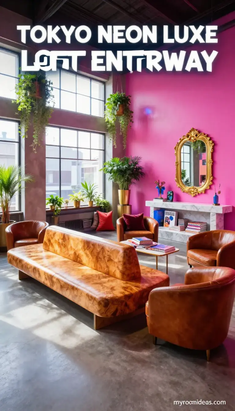 Luxe Loft Entryway Transformation - Burl Wood Bench & Curved Leather Chairs