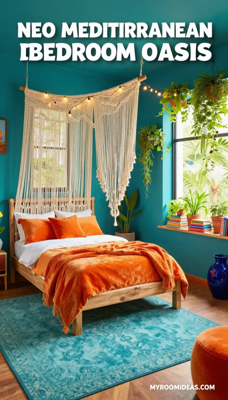 Maximalist Neo-Mediterranean Bedroom Oasis with Macramé & Wood Accents