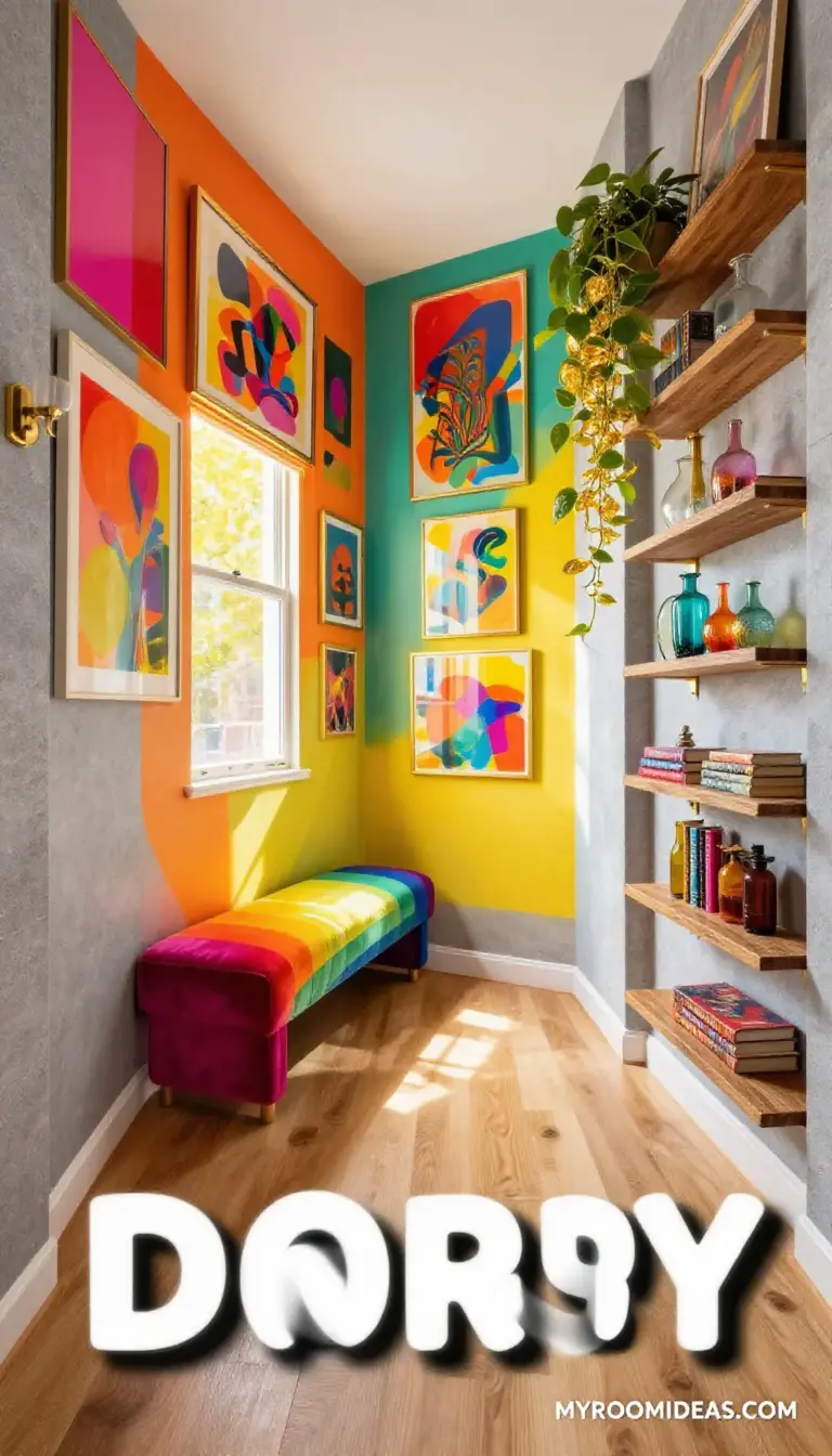 Maximalist Rainbow Entryway Oasis in a Dorm Room - Limestone, Oak & Gallery Wall
