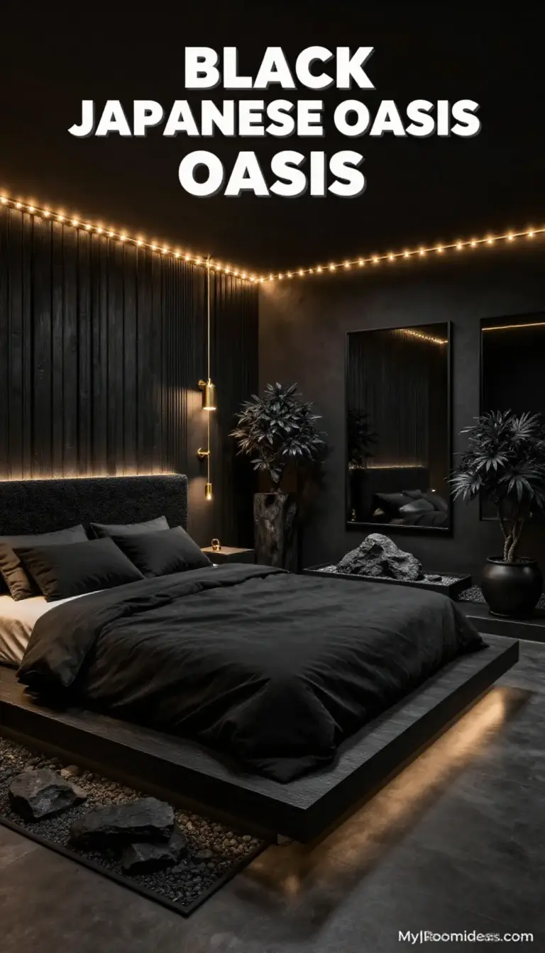 Minimalist Japanese Basement Bedroom Oasis in All-Black Monochrome