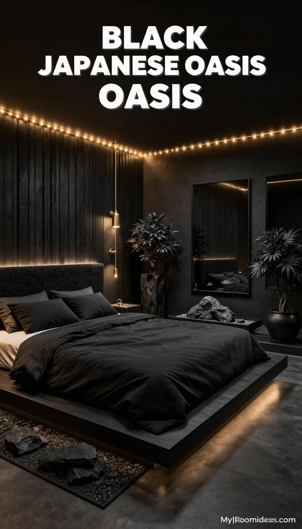 Minimalist Japanese Basement Bedroom Oasis in All-Black Monochrome