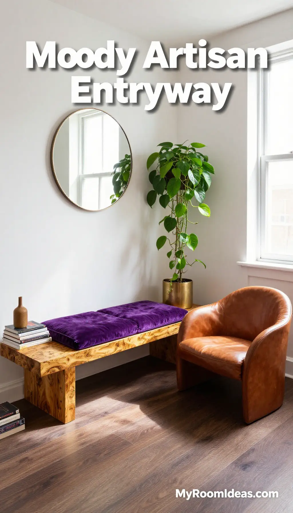 Moody Artisan Entryway Oasis: Amethyst Burl Wood Bench & Curved Leather Chair