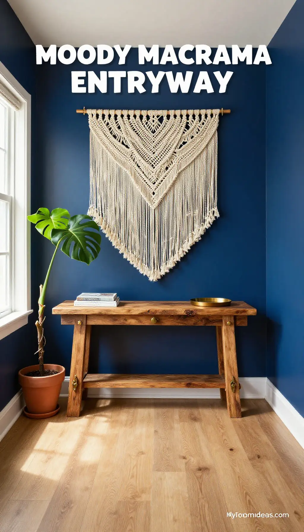 Moody Macrame Entryway for Compact Condo - Navy Walls, Rustic Wood Accents